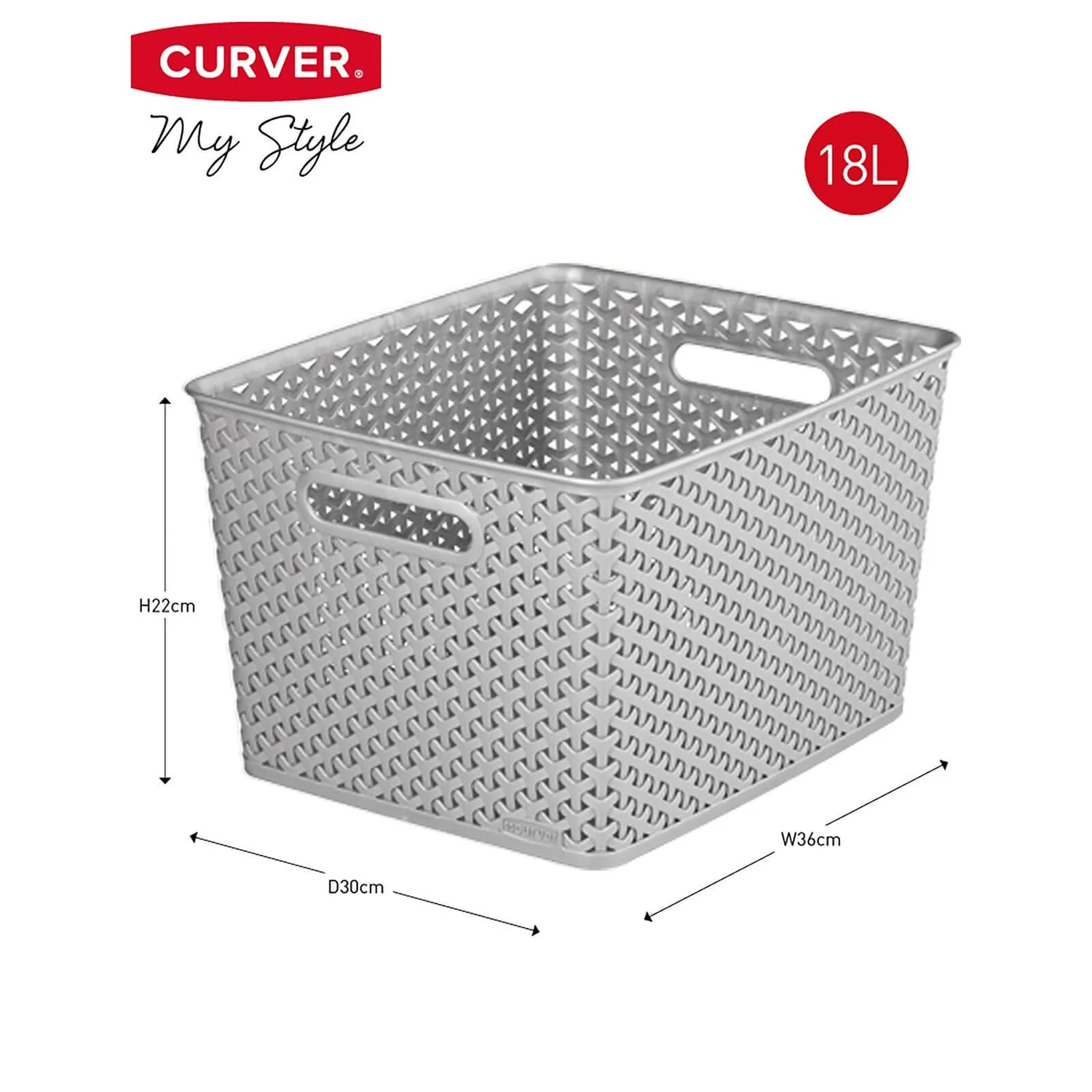 Curver My Style Large Rectangular Plastic Storage Basket - Grey - 18L - Image 2